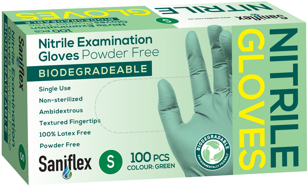 Saniflex Biodegradable Nitrile Gloves- Green 100 Pack (Carton of 10 boxes)