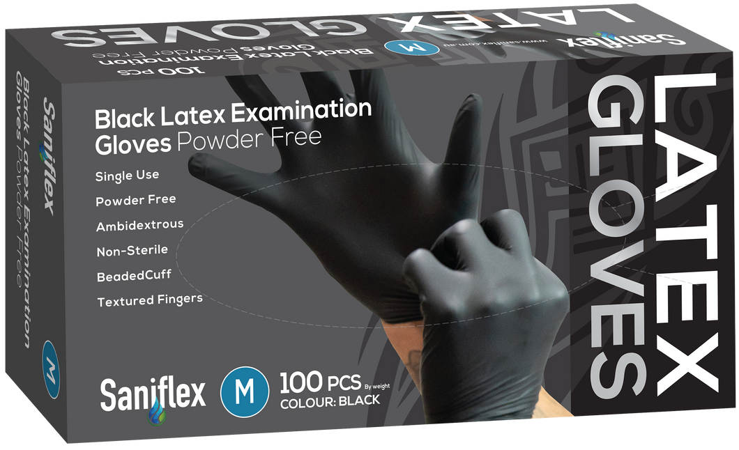 Saniflex Black Latex Examination Gloves, Powder Free, 100 Pack (Carton of 10 boxes)