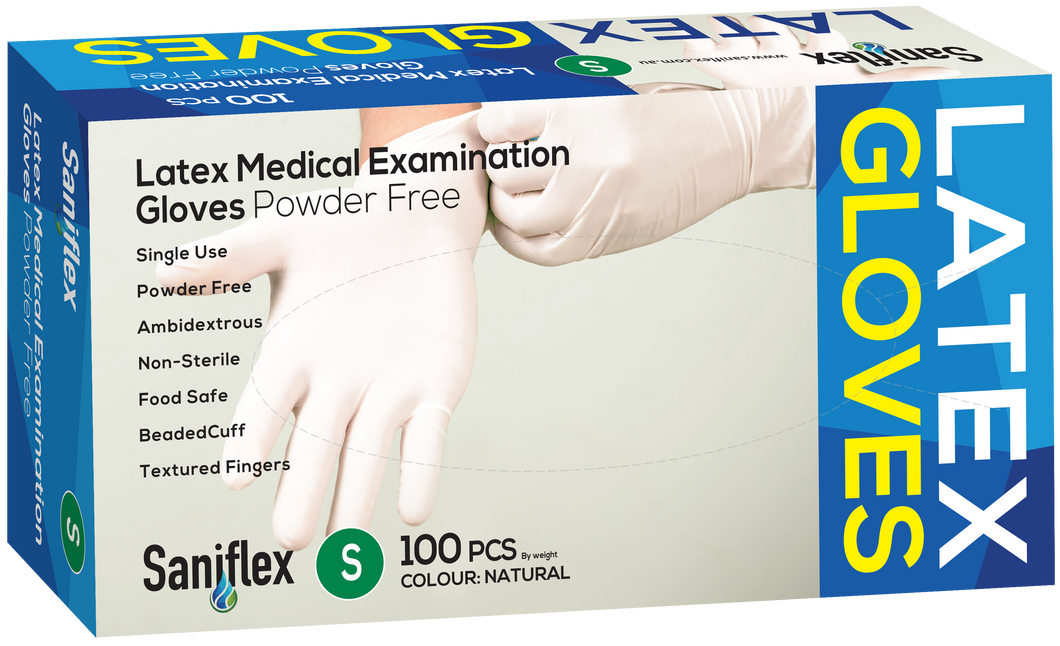 Saniflex Latex Examination Gloves, Powder Free, 100 Pack (Carton of 10 boxes)
