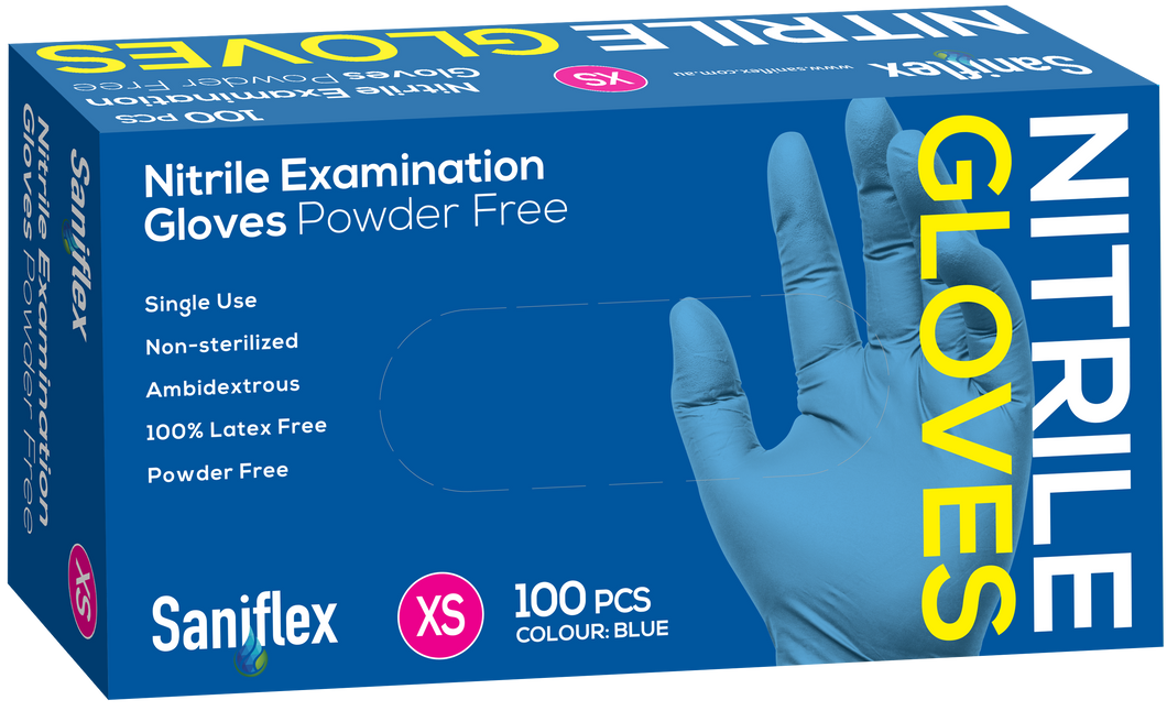 Saniflex Nitrile Gloves - Powder Free - Blue, 100 Pack (Carton of 10 boxes)